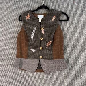 VTG Ciel Bleu Women M Tweed Wool Vest Fall Embroidered Academia Cottagecore Boho